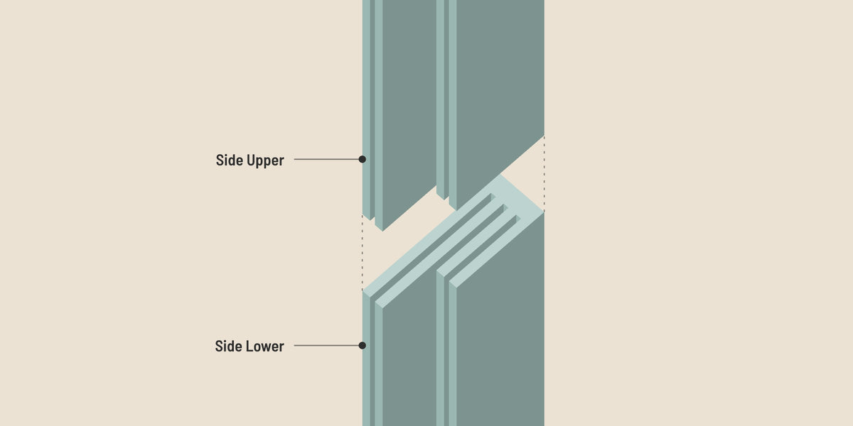 Side Upper lifted above Side Lower, showing the fins lining up across the joint