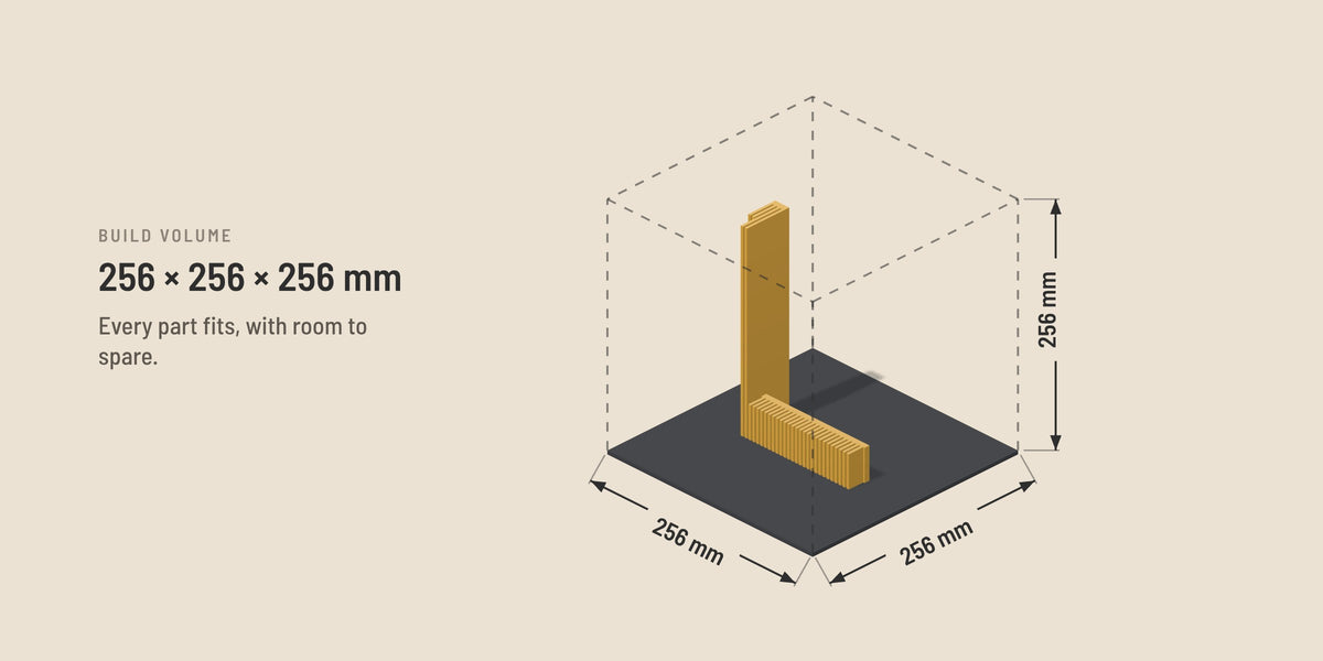 Side Upper standing on the build plate inside a 256 x 256 x 256 mm build volume