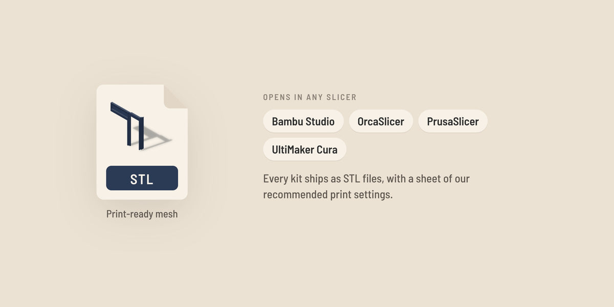 An STL file and the slicers it opens in: Bambu Studio, OrcaSlicer, PrusaSlicer and UltiMaker Cura
