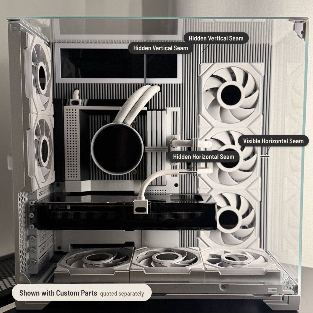 The same build with the Redux Insert Kit and Custom Parts installed (Custom Parts are quoted separately), with the seams between the insert kit's parts marked: two hidden vertical seams, a hidden horizontal seam and a visible horizontal seam